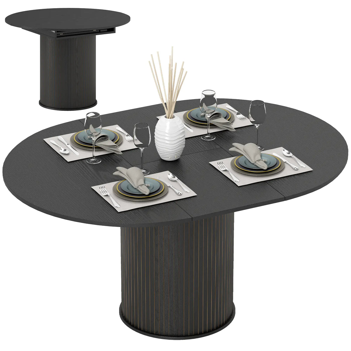 Extendable Kitchen Table, 43.5"-59", Black Wood Grain, Pedestal Base, Black Dining Tables at Gallery Canada