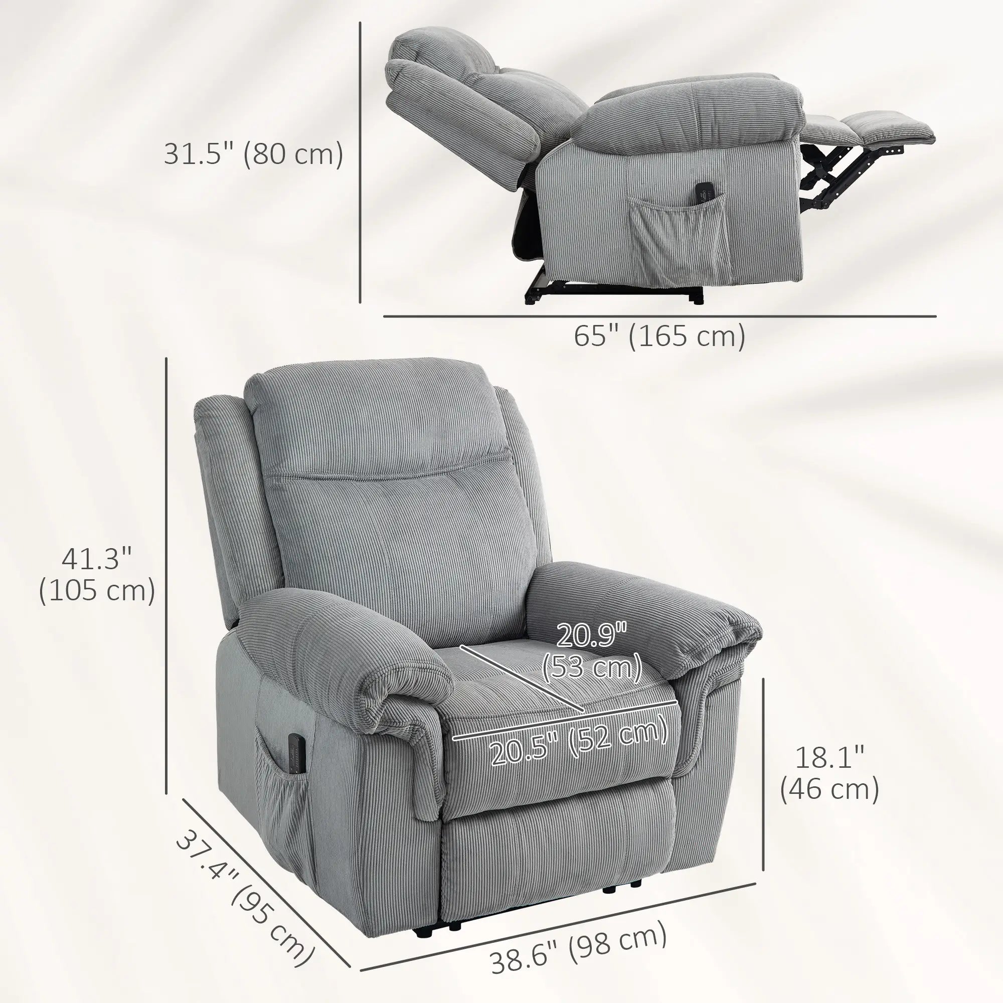Manual Recliner Chair, Vibration Massage, Side Pockets, Corduroy, Grey Sofas & Reclining Chairs at Gallery Canada