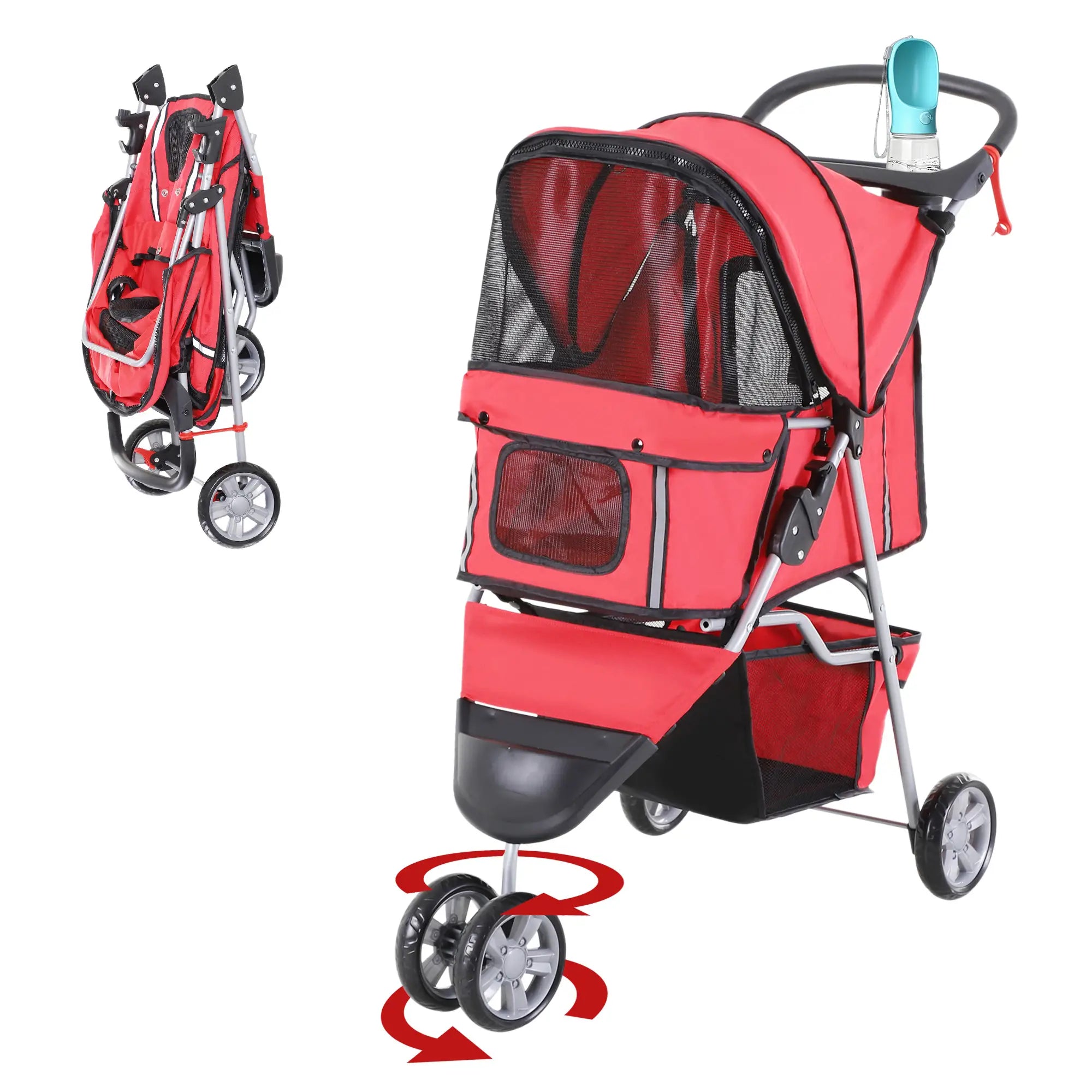 3 Wheel Foldable Dog Stroller, Storage Basket, Adjustable Canopy, Cupholder, Red Dog Bike Trailers & Strollers Red at Gallery Canada
