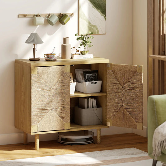 Handwoven Rope Accent Cabinet, Boho Sideboard, Push to Open Doors, Adjustable Shelf Storage Cabinets Oak at Gallery Canada