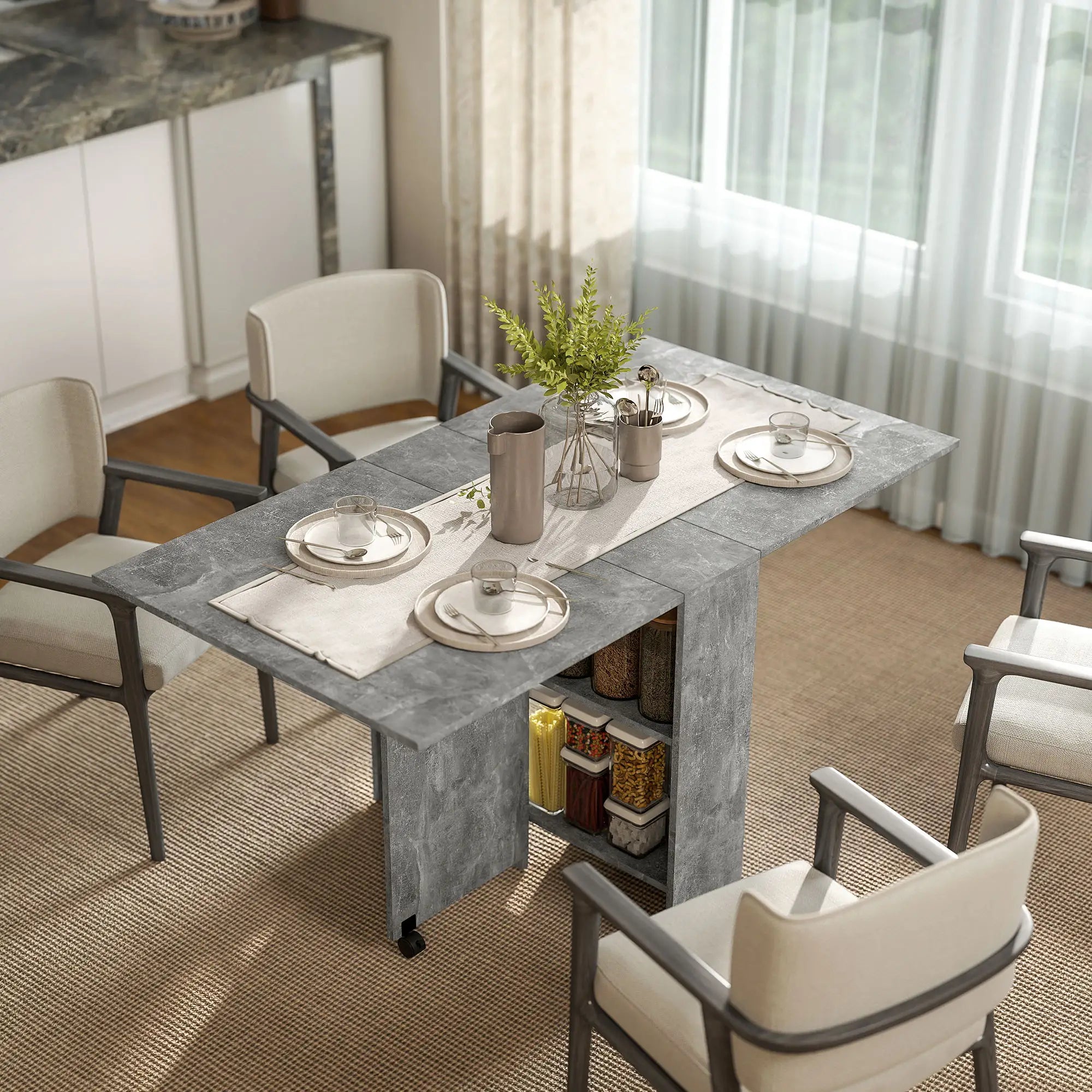 Extendable Dining Table, Collapsible w/ 2-Tier Shelves, Rolling Casters, Grey Bar Tables & Dining Tables at Gallery Canada