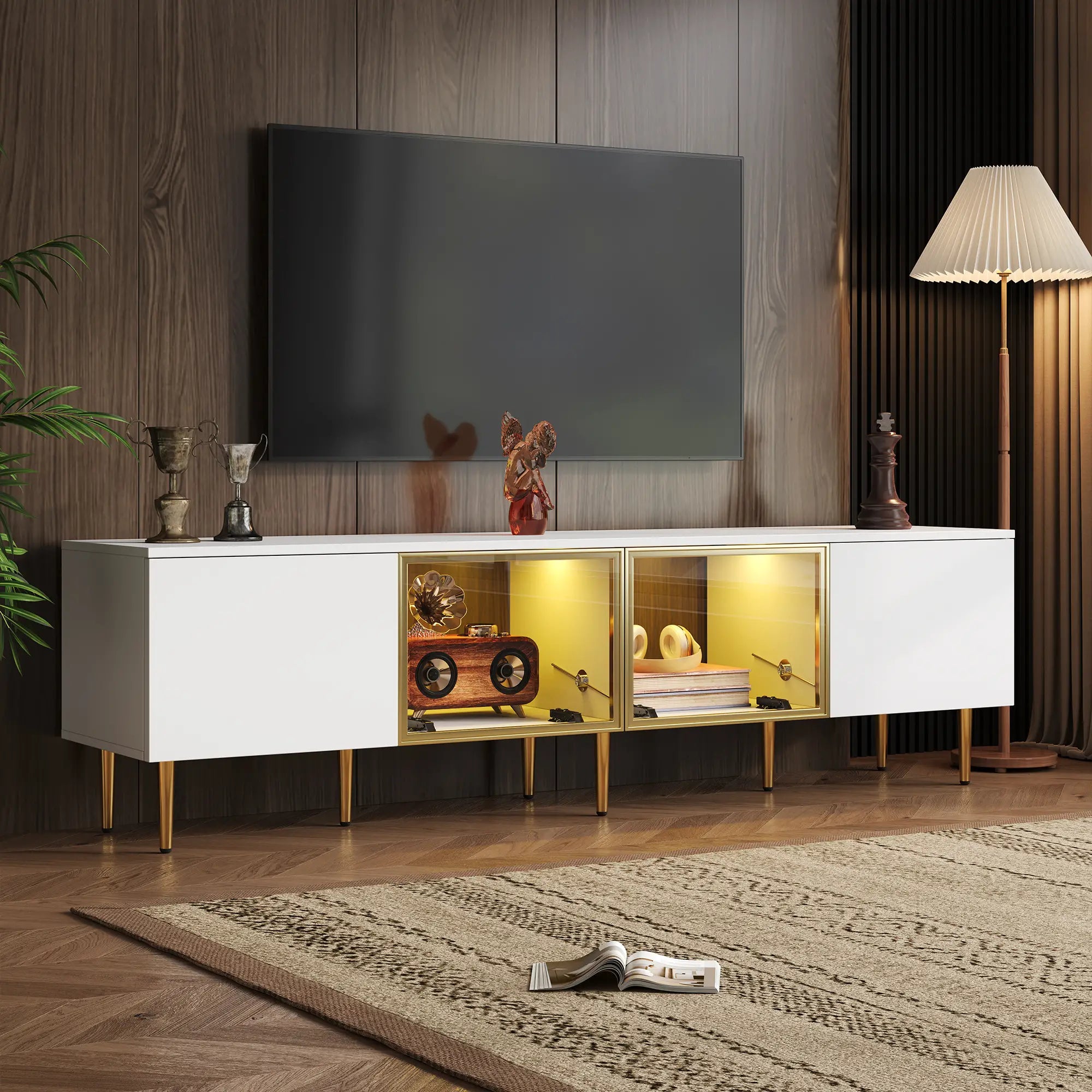 TV Stand, 4 Doors, Handles, Tempered Glass, LED Light, 67
