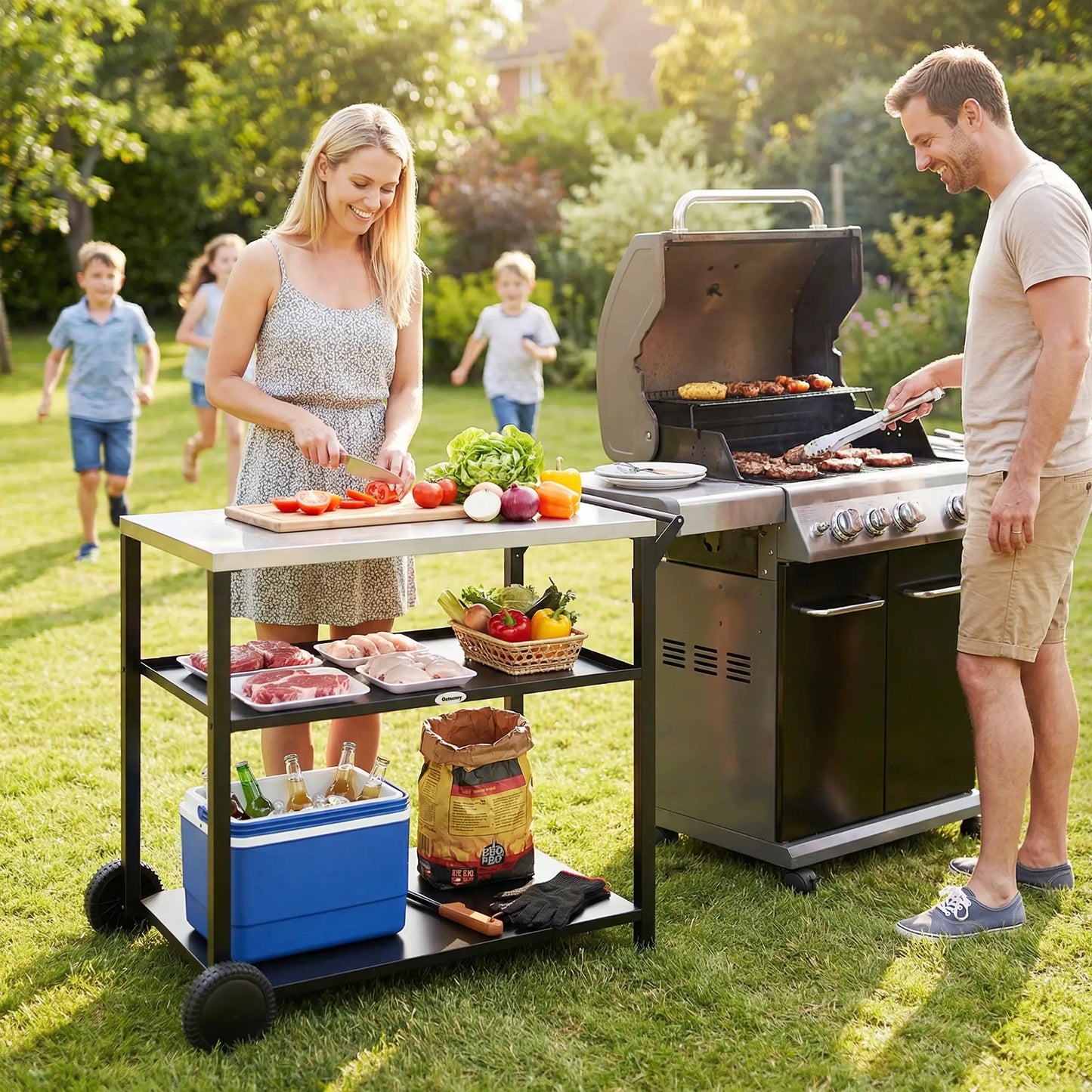 Outdoor Grill Cart, Stainless Steel Top, Three-Tier Pizza Oven Stand, Black Outdoor Grill Carts at Gallery Canada