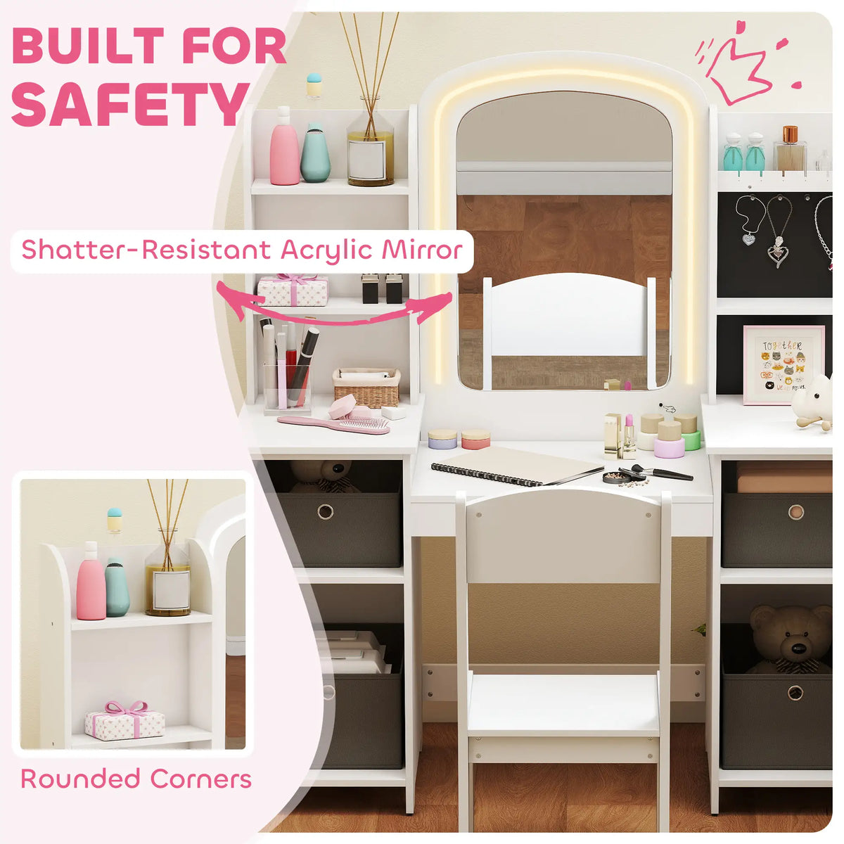 Kids Vanity Table And Chair Set With Lighted Mirror, White Kids Bedroom Furniture at Gallery Canada