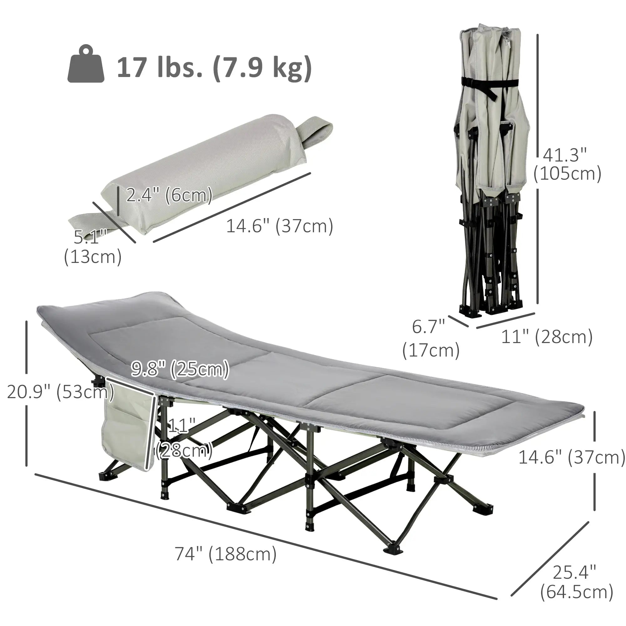 Folding Camping Cot with Mattress, Pillow, Double Layer Oxford, Carry Bag, Light Grey Camping Cots at Gallery Canada