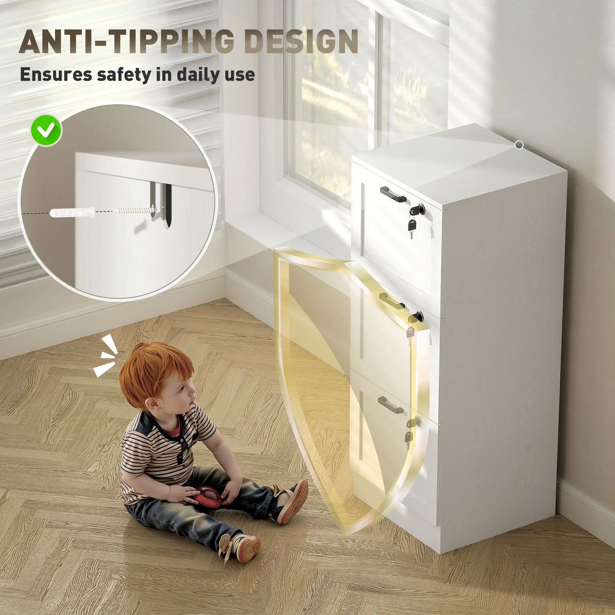 Vertical 3-Drawer Filing Cabinet, Lock, A4 Letter Size, White Office Cabinets & Cupboards at Gallery Canada