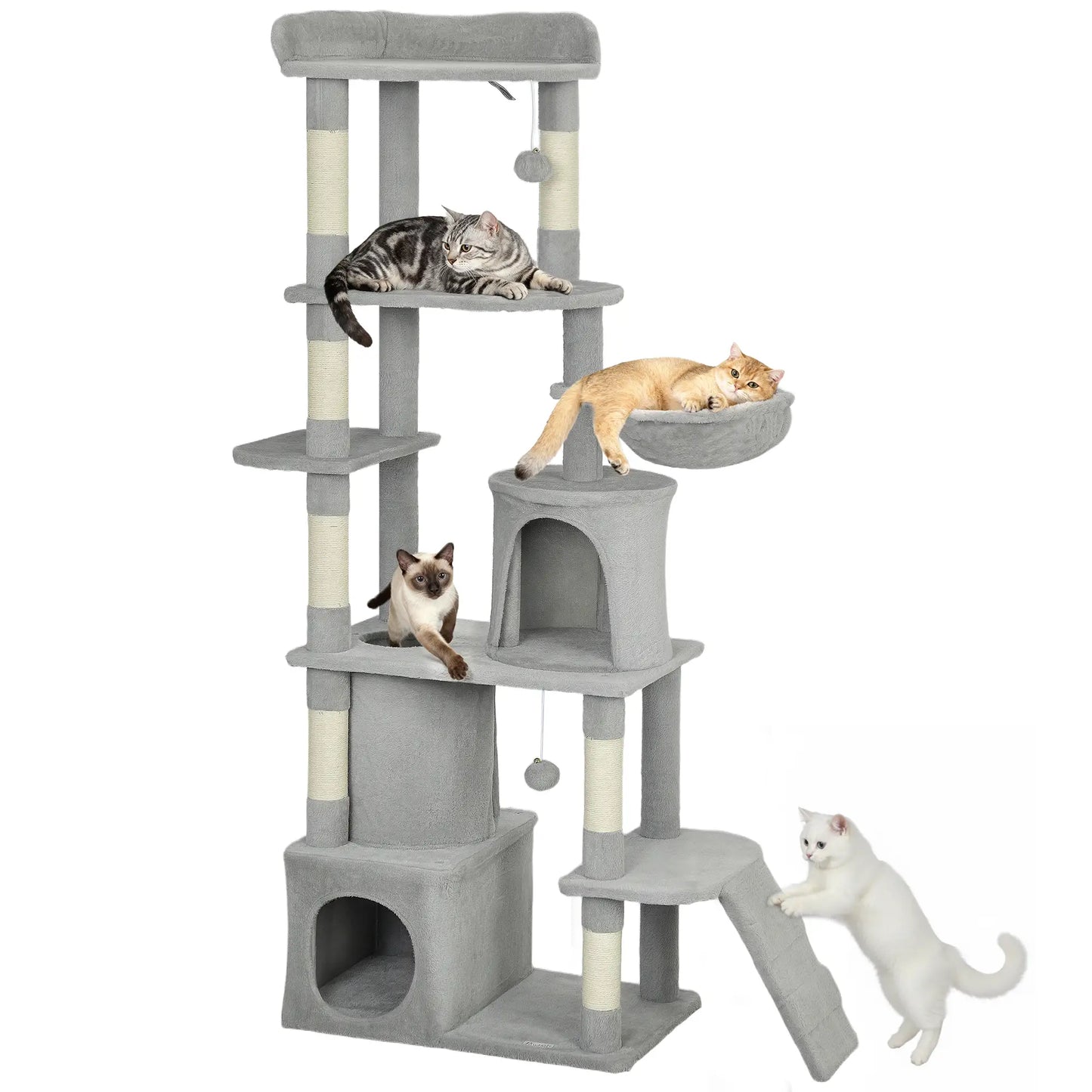 67" Large Cat Tree with 7 Scratching Posts, Tunnel, 2 Condos, Hammock, Perch, Ramp, Pompoms, Light Grey Multi-Level Cat Towers at Gallery Canada