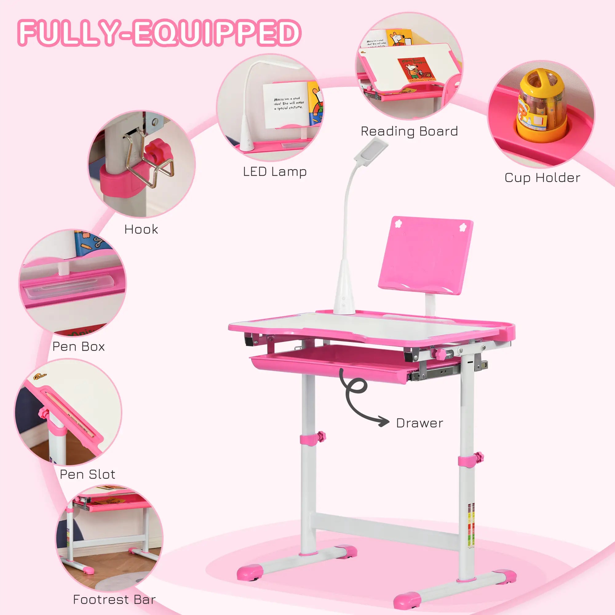 Kids Desk and Chair Set, Adjustable Height, Tilt Desktop, Pink Kids Desk Sets at Gallery Canada