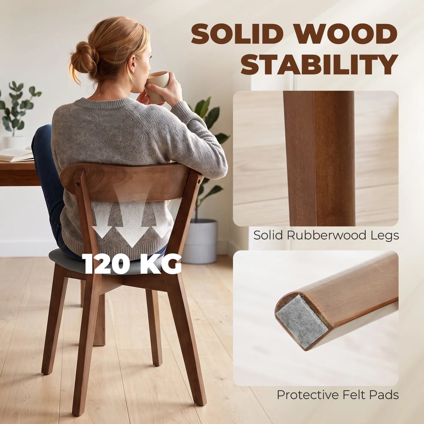 Upholstered Linen-Look Dining Chairs, Rubberwood Legs, Set of 2, Grey & Brown