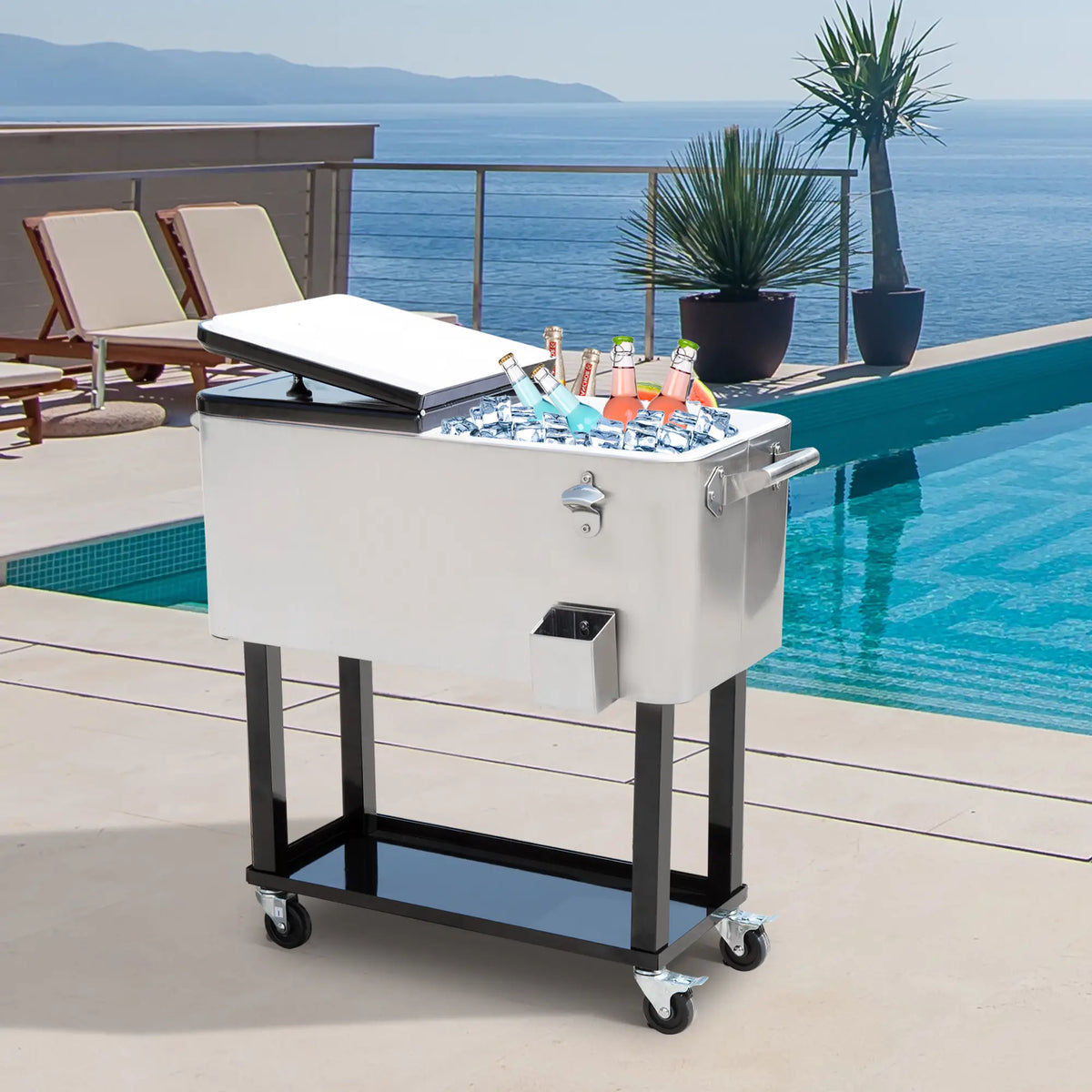 80 Quart Rolling Cooler Cart Portable Patio Ice Beer Beverage Cooling Bin for Outdoor Party w/ Bottle Opener &; Storage Shelf Silver Cooler Boxes at Gallery Canada