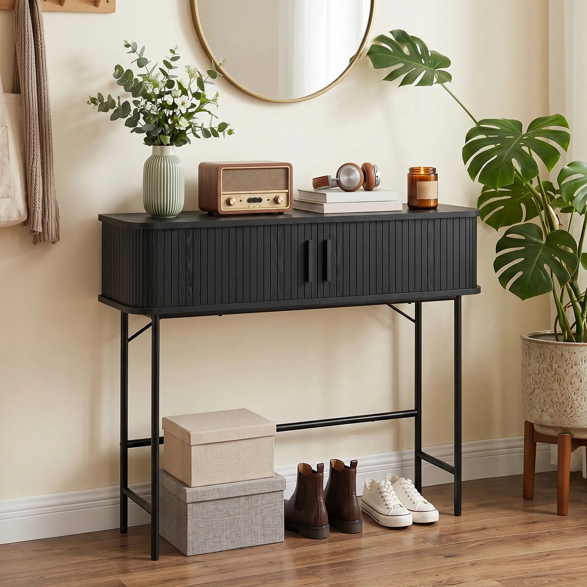 Mid-Century Console Table, Narrow Entryway Table with Storage, Black Console Tables at Gallery Canada