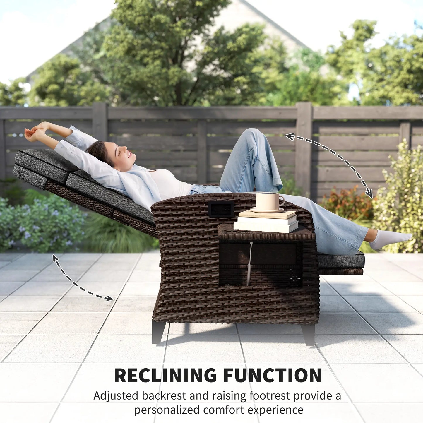 Outdoor Recliner Chair, Adjustable Backrest, Cushion, Side Tray, Dark Grey Wicker Chaise Loungers at Gallery Canada