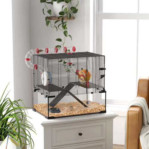 Hamster Cage, Deep Glass Bottom, Tunnel Tube, Platforms, Hut, Wheel, Water Bottle, 24