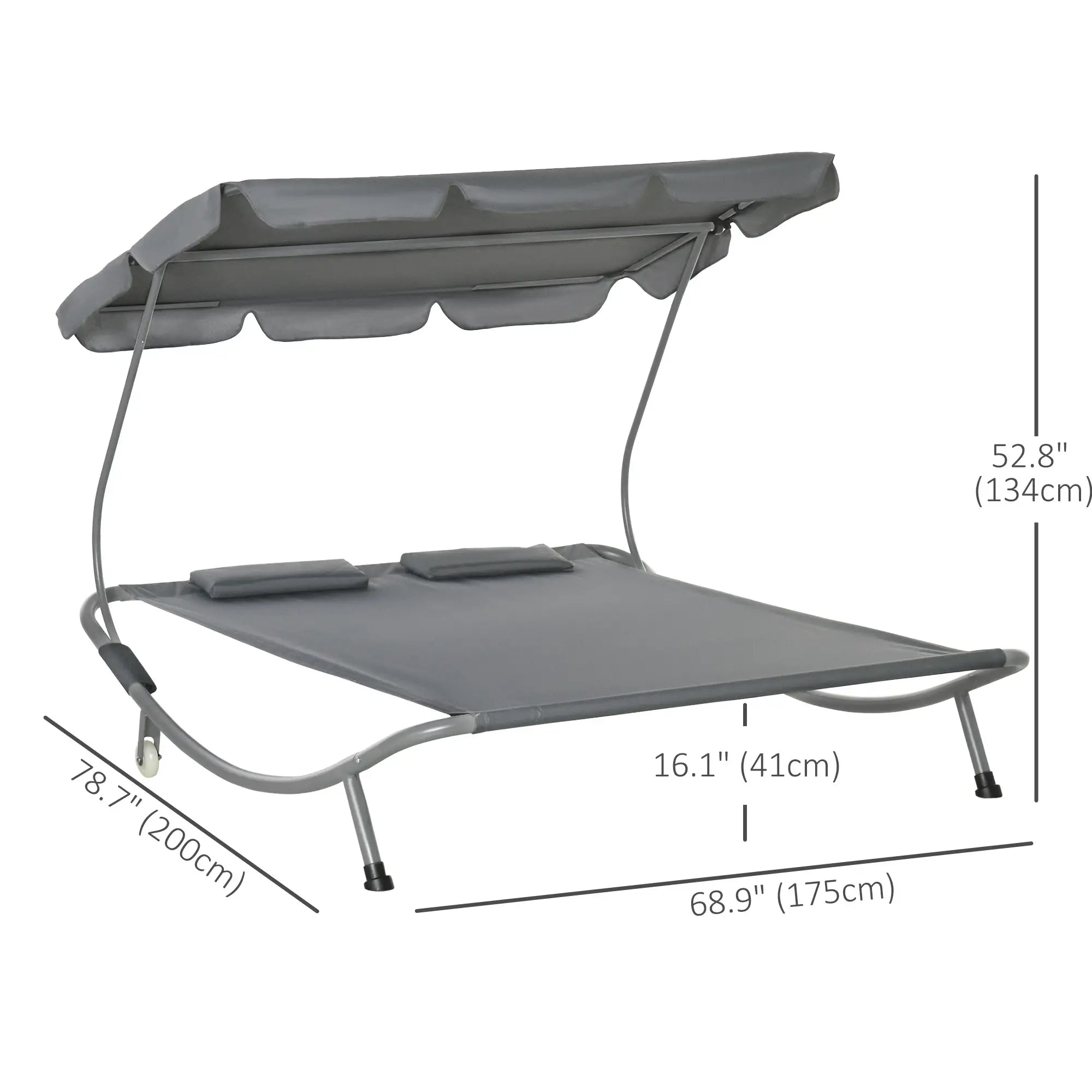 Double Patio Lounger, Adjustable Canopy, Headrest Pillows, 2 Wheels, Grey Lounger Chairs at Gallery Canada