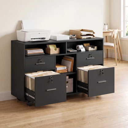 Filing Cabinet Locking Drawers Open Shelves 5 Casters, Black Office Cabinets & Cupboards at Gallery Canada