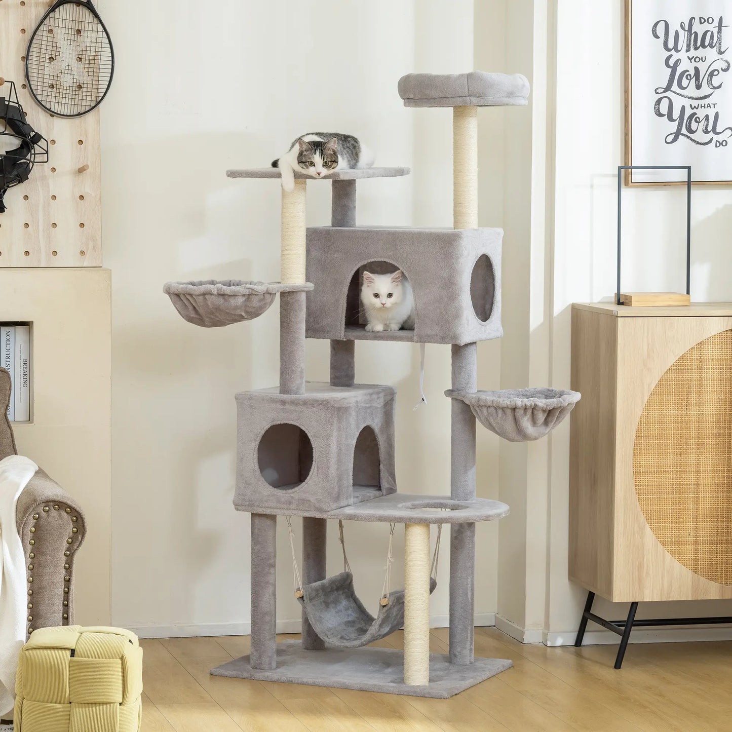 66 Inch Cat Tree with 2 Door Condos, 3 Hammocks, Perch, Scratching Posts, Light Grey Cat Trees at Gallery Canada