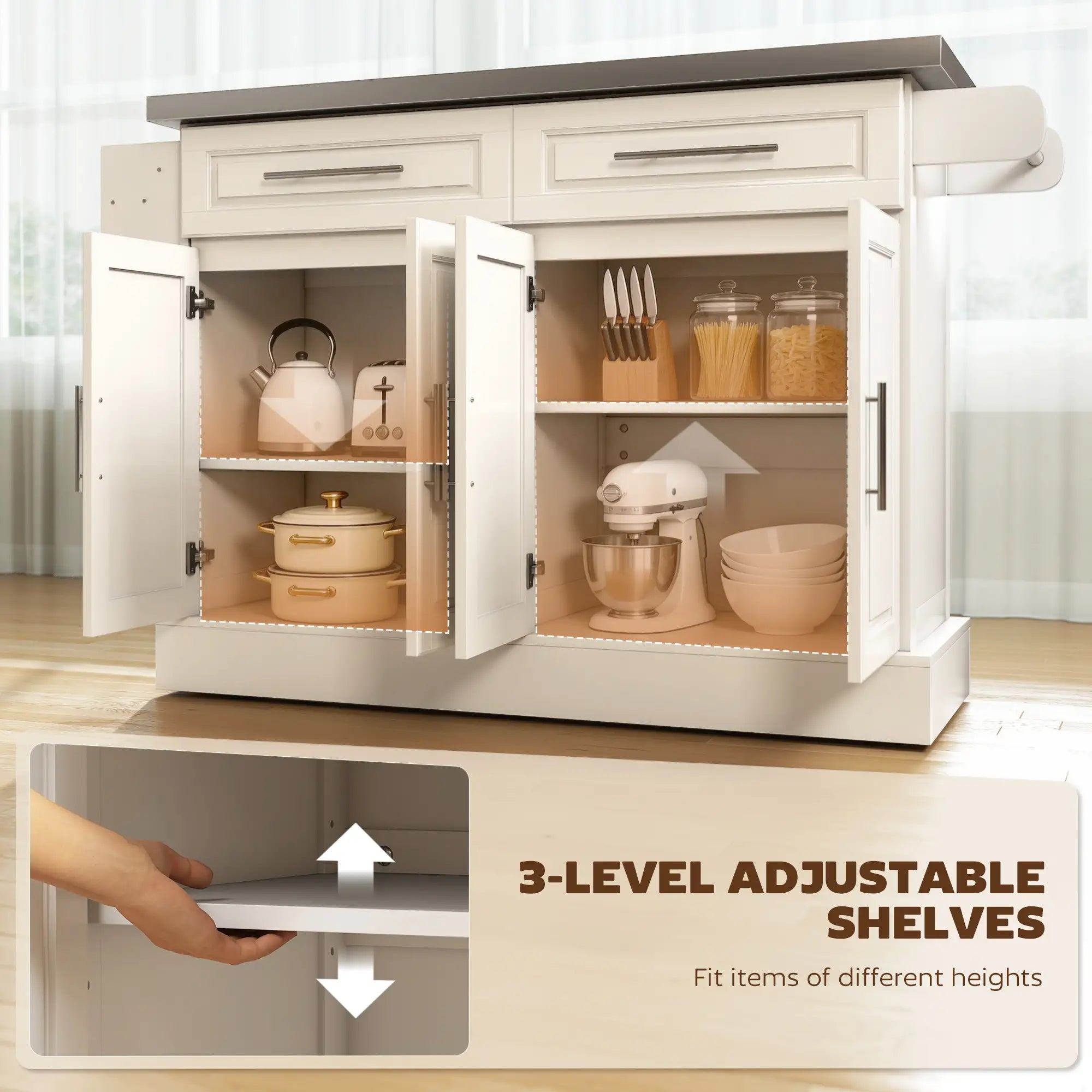 Rolling Kitchen Island with Storage, Stainless Steel Top, Drawers, Cream Kitchen Islands & Kitchen Carts at Gallery Canada