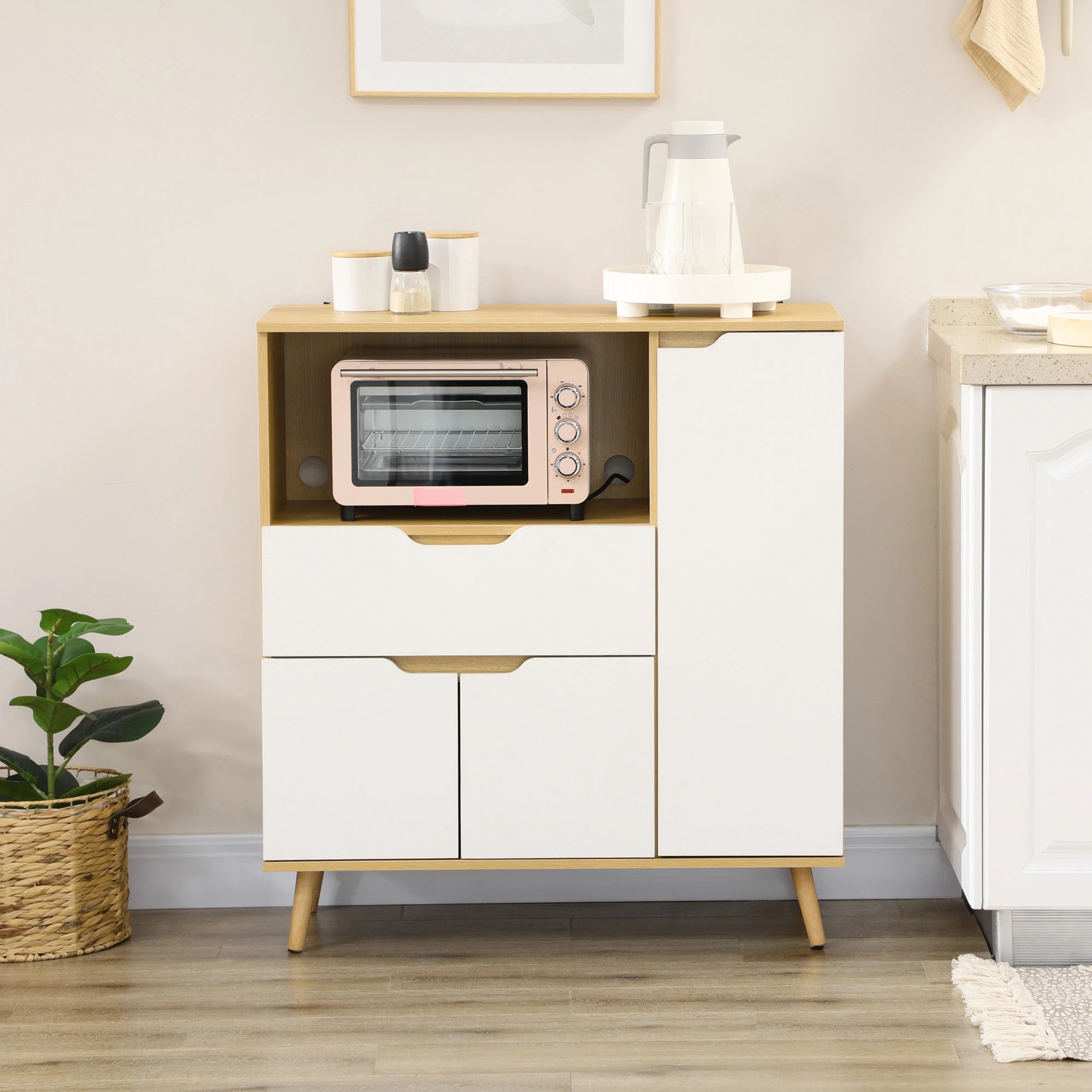Modern Microwave Stand, Cabinet with Drawer, Storage, White Kitchen Pantry Cabinets at Gallery Canada