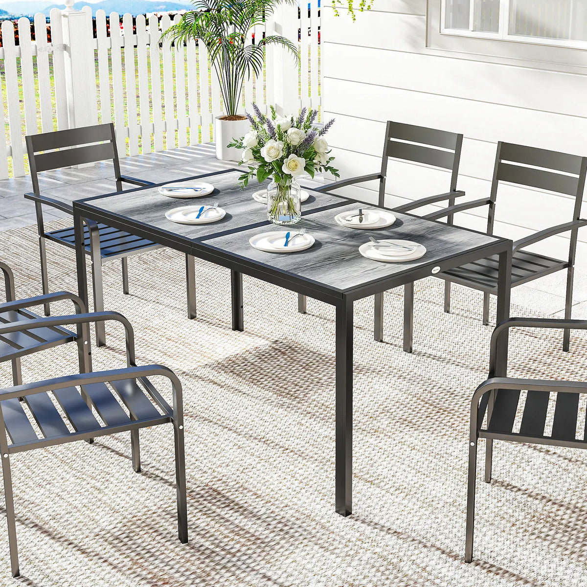 Outdoor Dining Table For 4-6, 59" Wood-Effect Top, Grey Patio Dining Tables at Gallery Canada