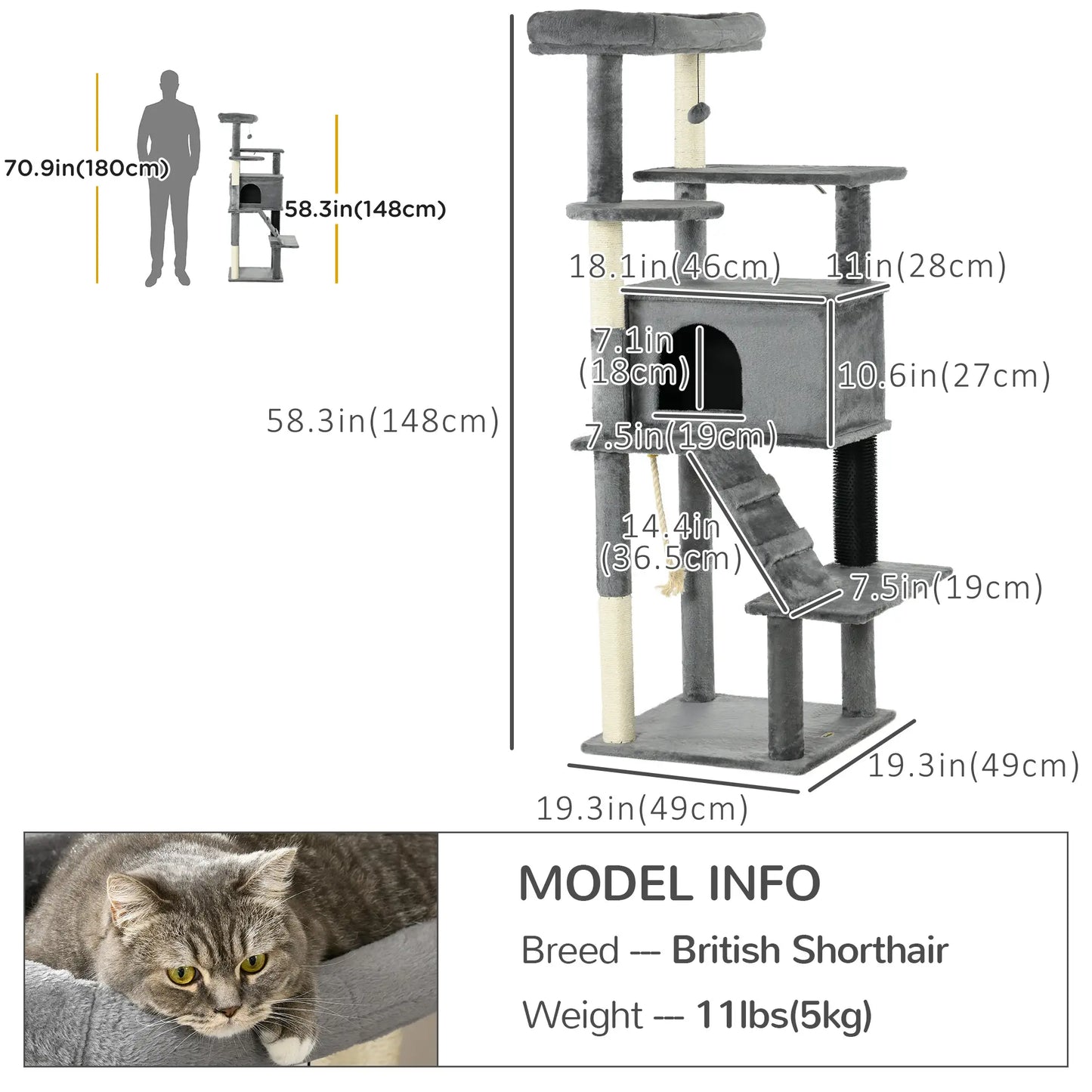 58" Tall Cat Tree for Large Cats, Scratching Posts, Bed, House, Toys, Grey Cat Towers at Gallery Canada