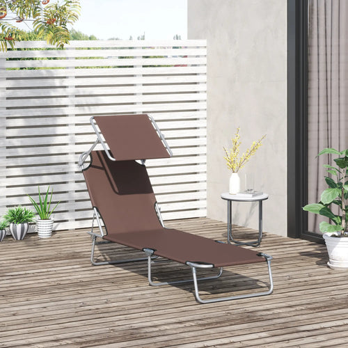 Adjustable Folding Chaise Lounge, Outdoor Tanning Chair with Sun Shade, Brown