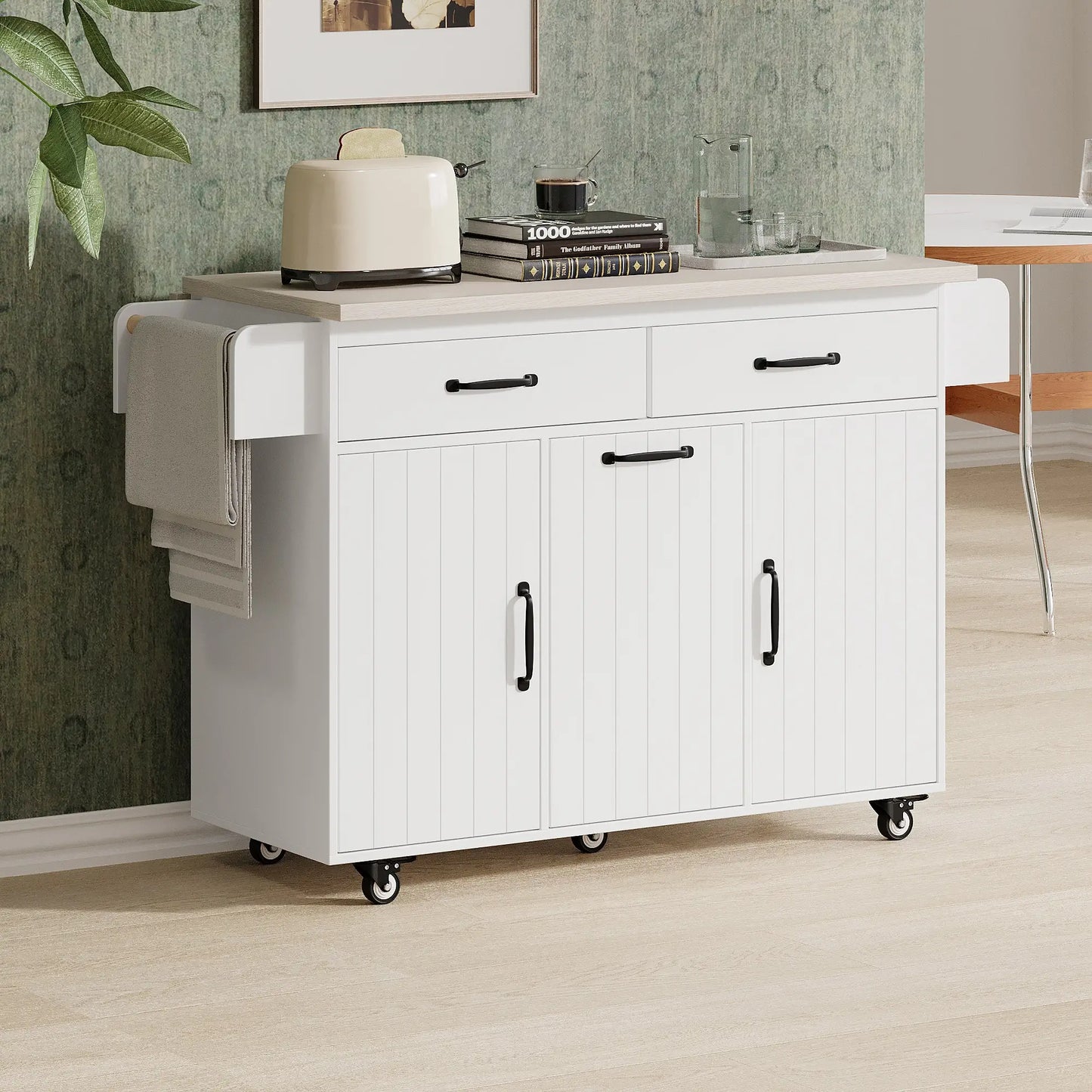 Kitchen Island with Tilt-Out Trash Cabinet, Adjustable Shelf, 51" L x 20" W x 35" H, White Kitchen Islands & Kitchen Carts at Gallery Canada