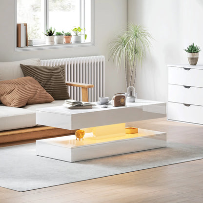 Adjustable LED Coffee Table, 2 Drawers, Open Shelf, Remote, High Gloss White, White Coffee Tables at Gallery Canada