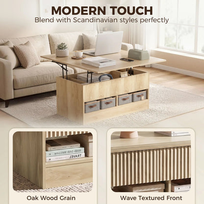 Lift Top Coffee Table, Dual-Zone Expandable, Oak Coffee Tables at Gallery Canada