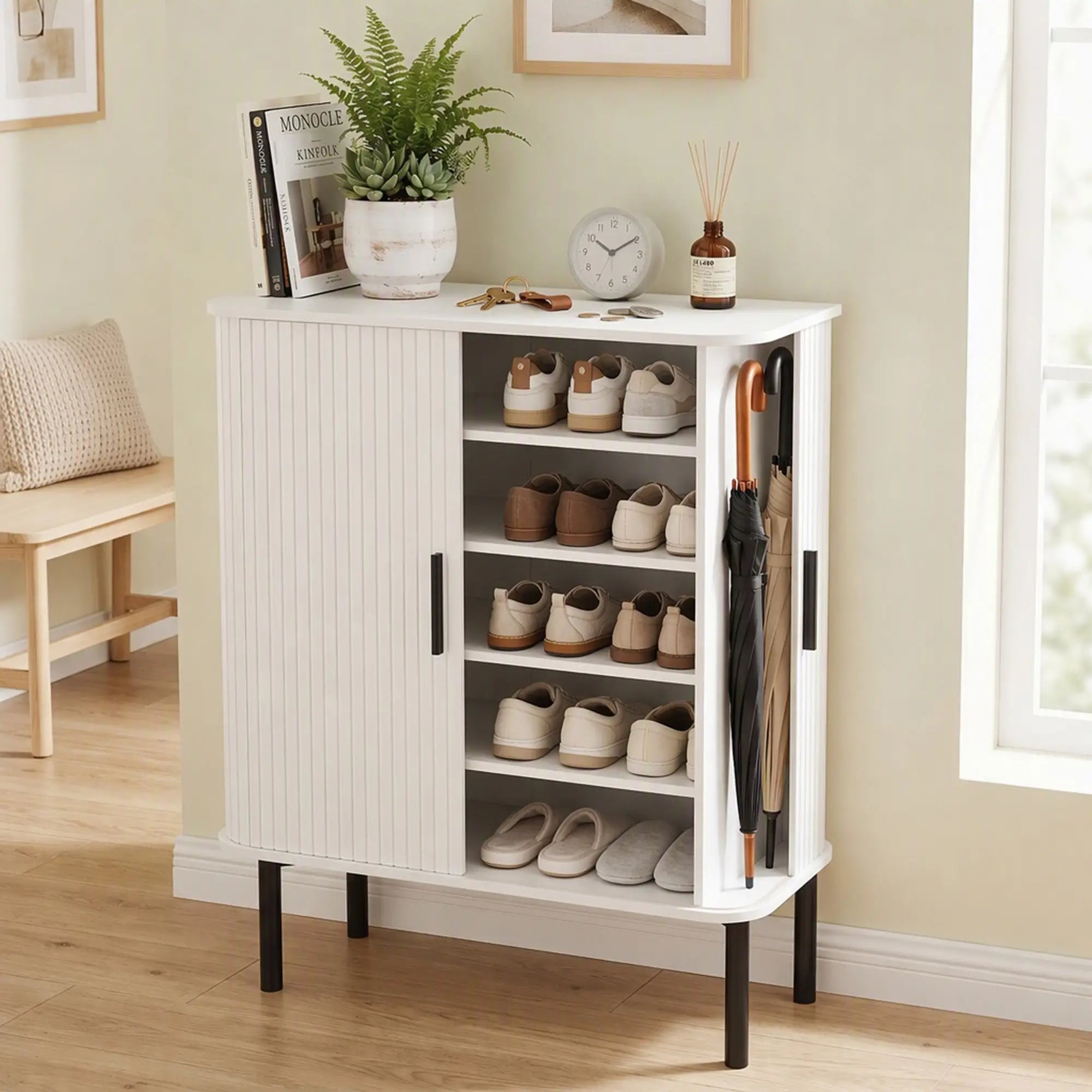 Shoe Cabinet Adjustable Shelves Side Cubbies Tambour Door, White Shoe Storage Cabinets & Racks at Gallery Canada
