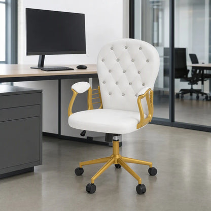 Velvet Office Chair, Button Tufted, Swivel Wheels, Adjustable Height, Cream White Task Chairs at Gallery Canada