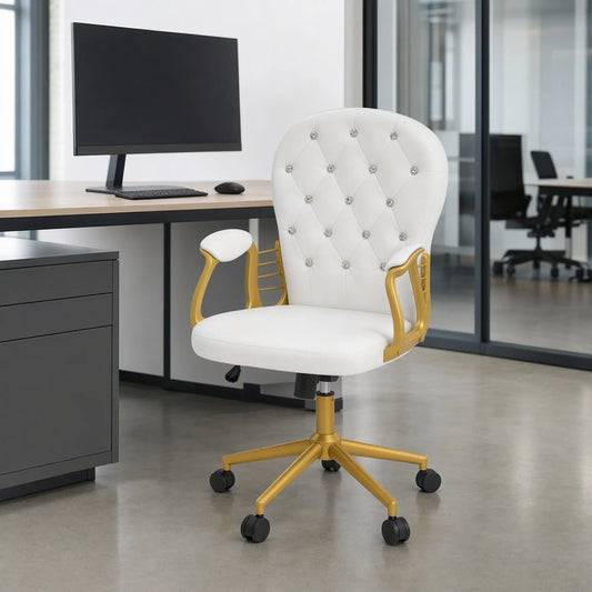 Velvet Office Chair, Button Tufted, Swivel Wheels, Adjustable Height, Cream White Task Chairs Cream White, Gold at Gallery Canada