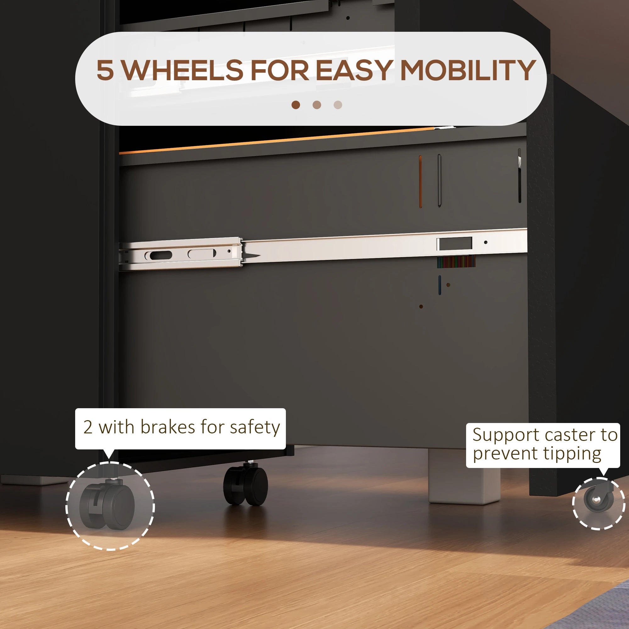 3-Drawer Steel Filing Cabinet on Wheels, Lockable, Adjustable Hanging Bar, Black Office Cabinets & Cupboards at Gallery Canada