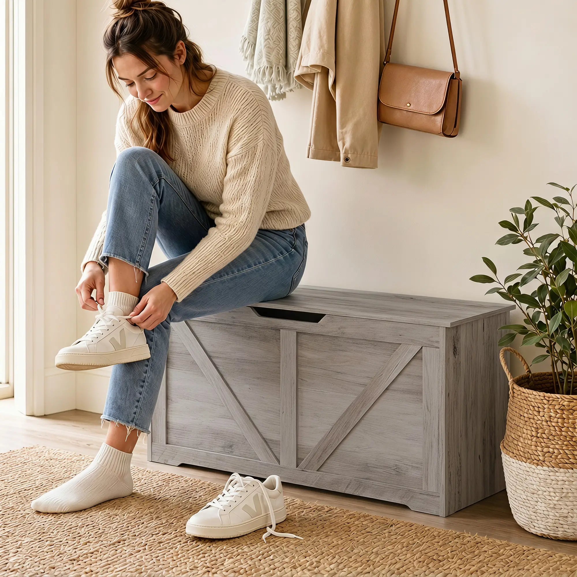 Storage Chest with Safety Hinges, Grey Wood Grain, 39.4 Inches, Grey Storage Cabinets at Gallery Canada