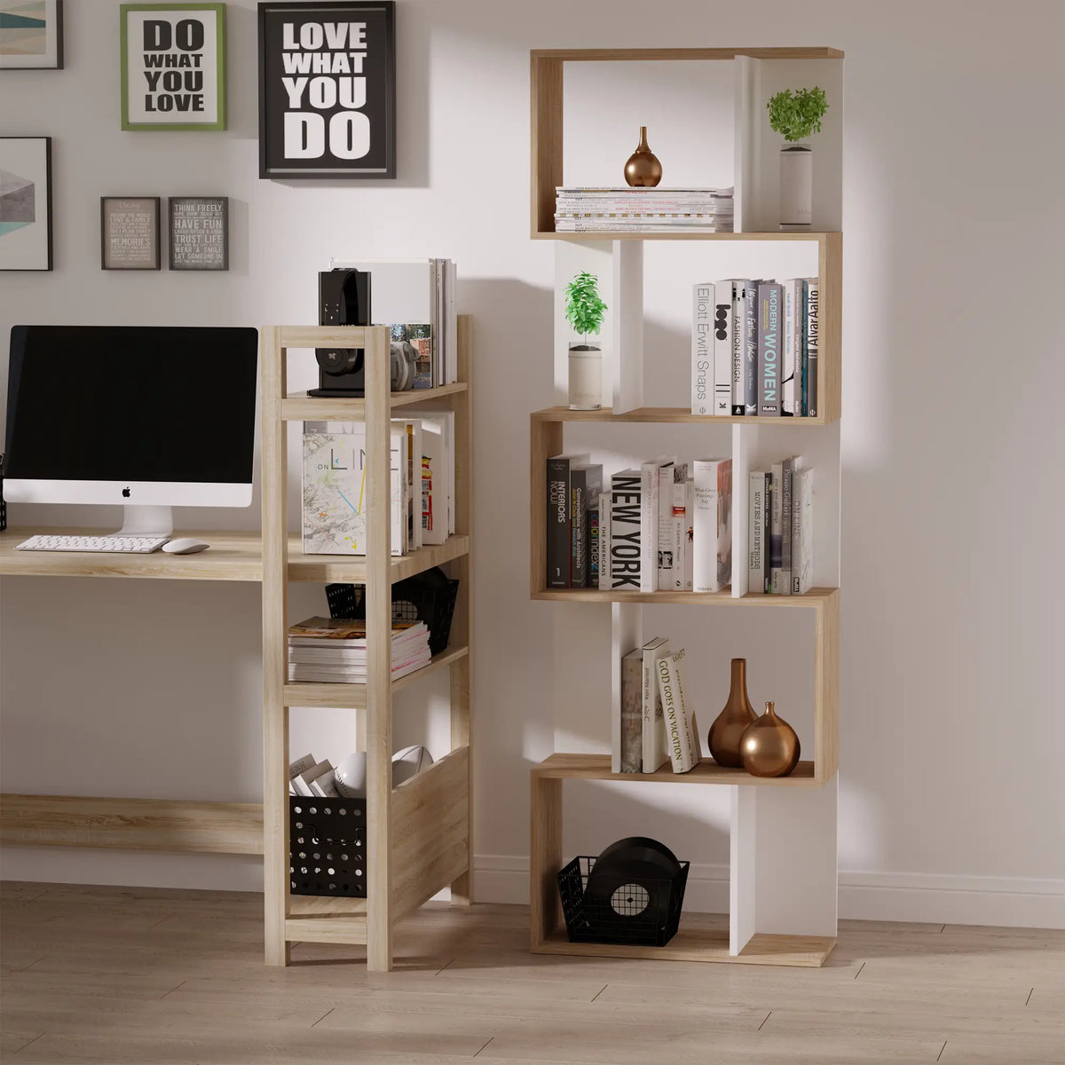 5-Tier Geometric Bookcase, Modern Room Divider, White Display Bookshelves at Gallery Canada
