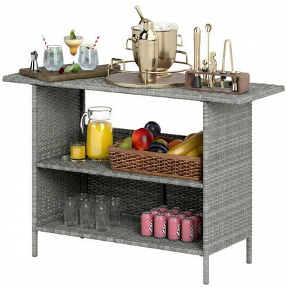 Wicker Outdoor Bar Table, PE Rattan, 2 Shelves, Steel Frame, Dark Grey, Dark Grey Patio Side Tables Dark Grey at Gallery Canada