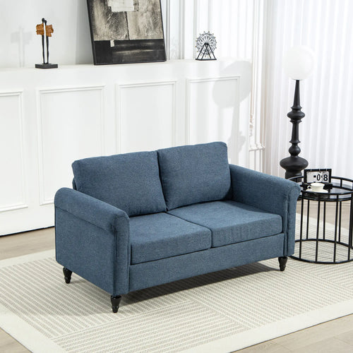 Vintage Loveseat, Fabric 2 Seater Sofa, Rolled Arms, Rubber Wood Legs, Dark Blue