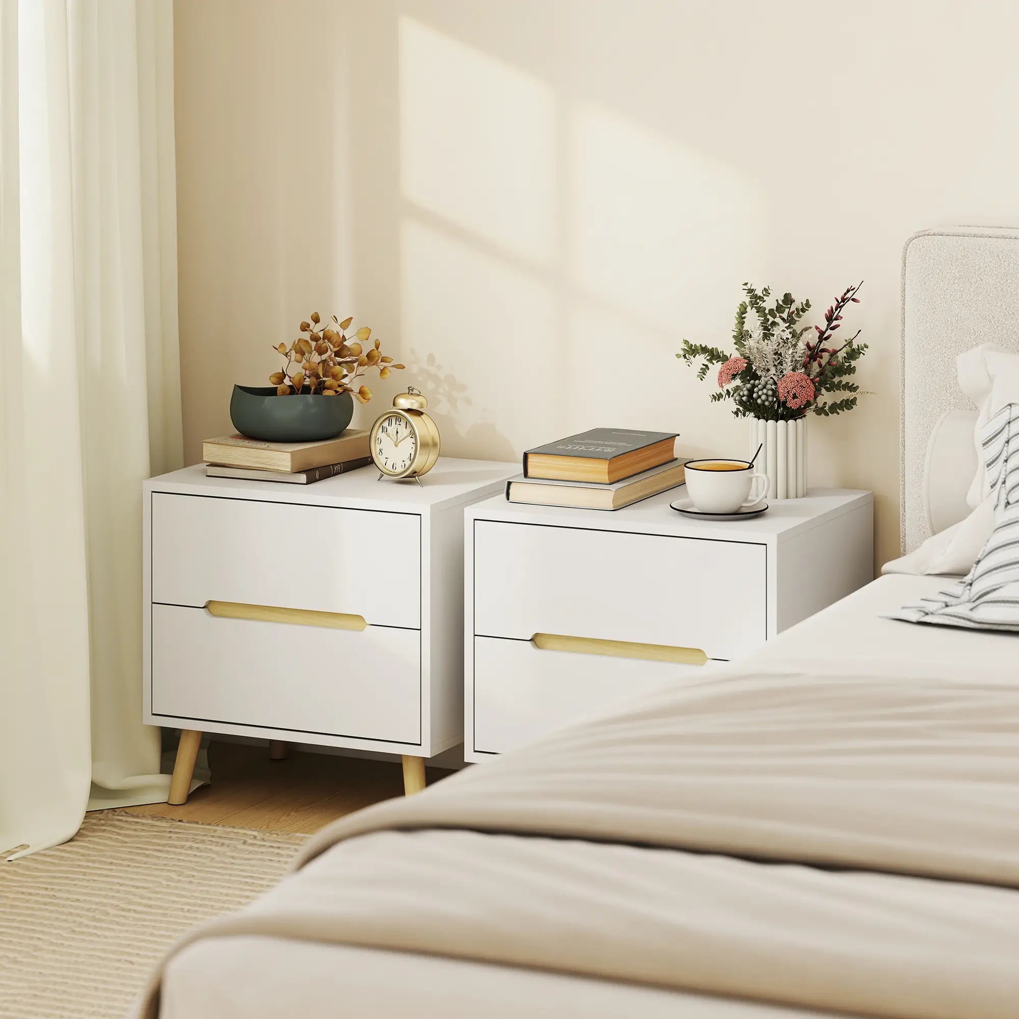 Modern Nightstands Set Of 2, 2 Drawers, Solid Wood Legs, White Bedside Tables at Gallery Canada