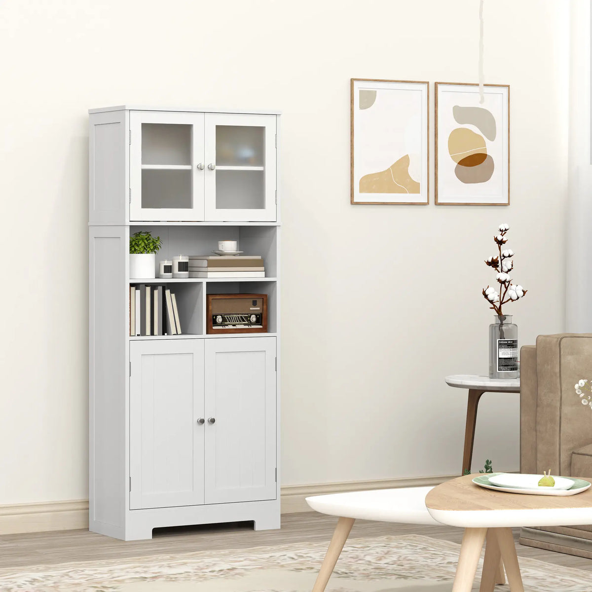 57" Kitchen Pantry, Freestanding Cabinet, Glass Doors, Adjustable Shelves, White Kitchen Pantry Cabinets at Gallery Canada