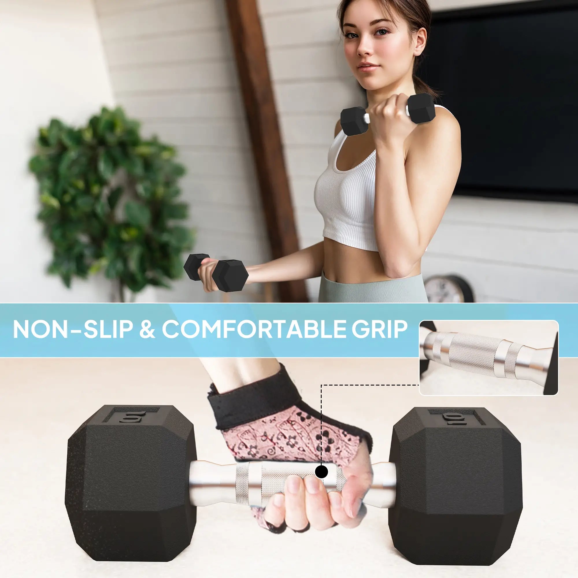 100 LBS Hex Dumbbell Set with Rack, Non-Slip Handles, Rubber Coated Dumbbells & Barbells at Gallery Canada