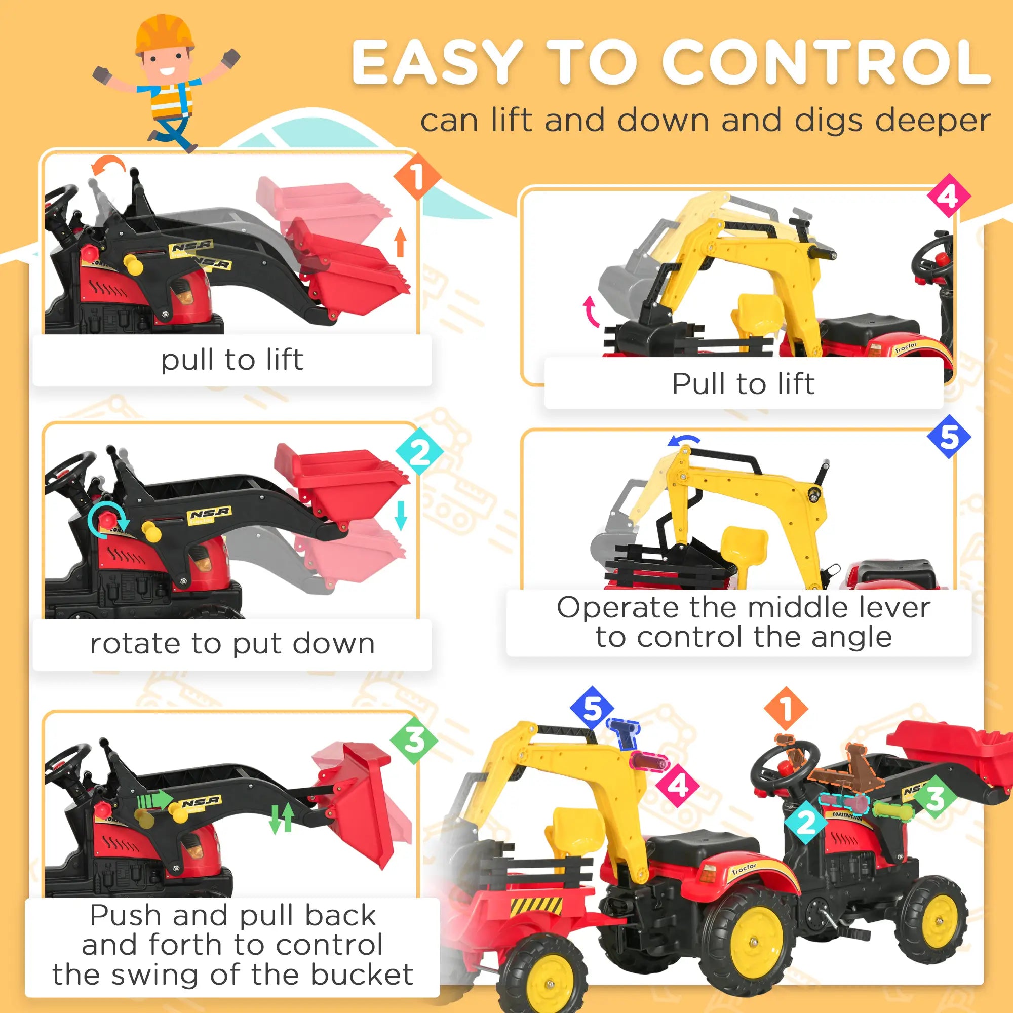 3 in 1 Kids Ride On Excavator Toy, 6 Wheels, Bulldozer with Trailer Toy Excavators at Gallery Canada