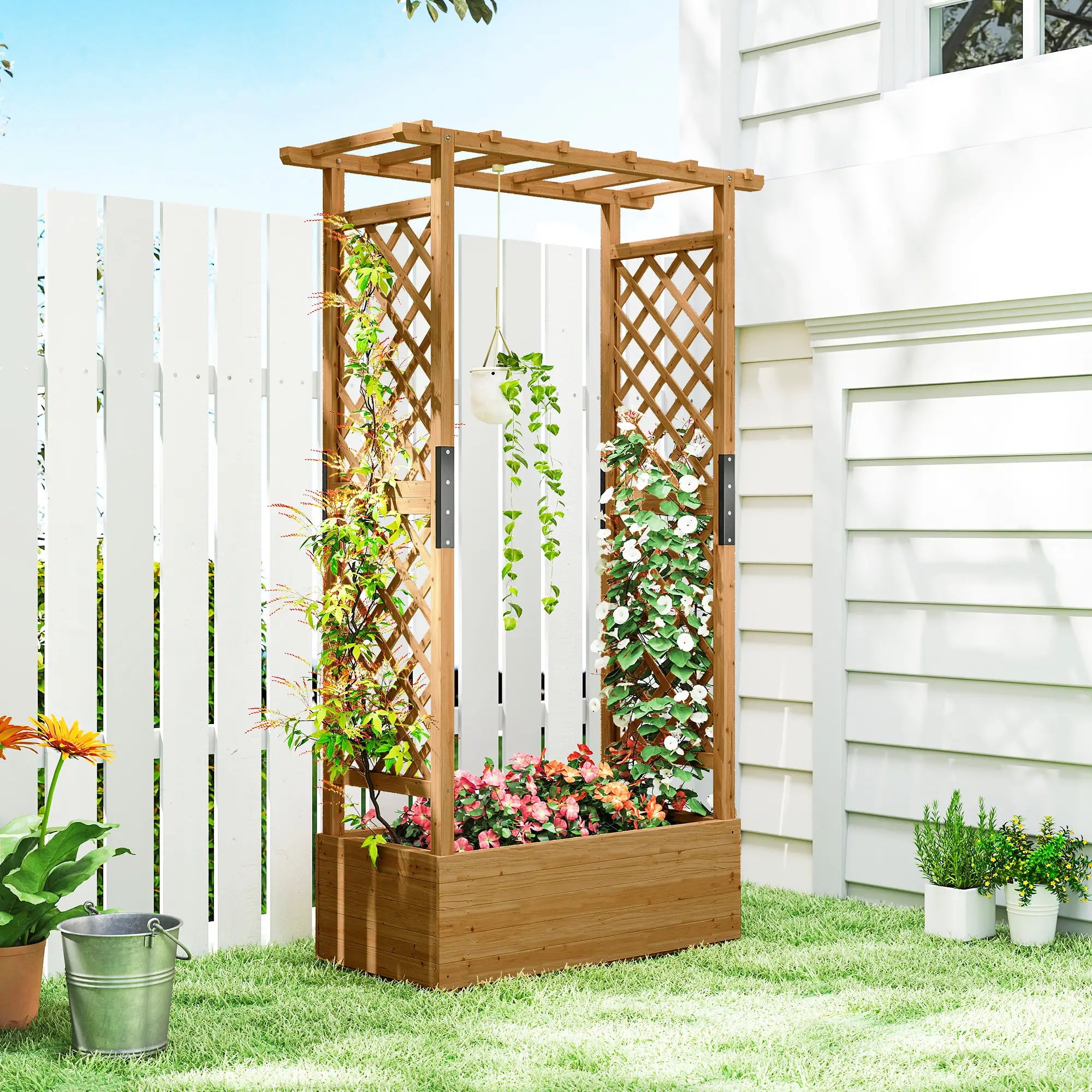 Wooden Raised Garden Bed with Trellis and Hanging Roof, Orange Wooden Planter Boxes at Gallery Canada