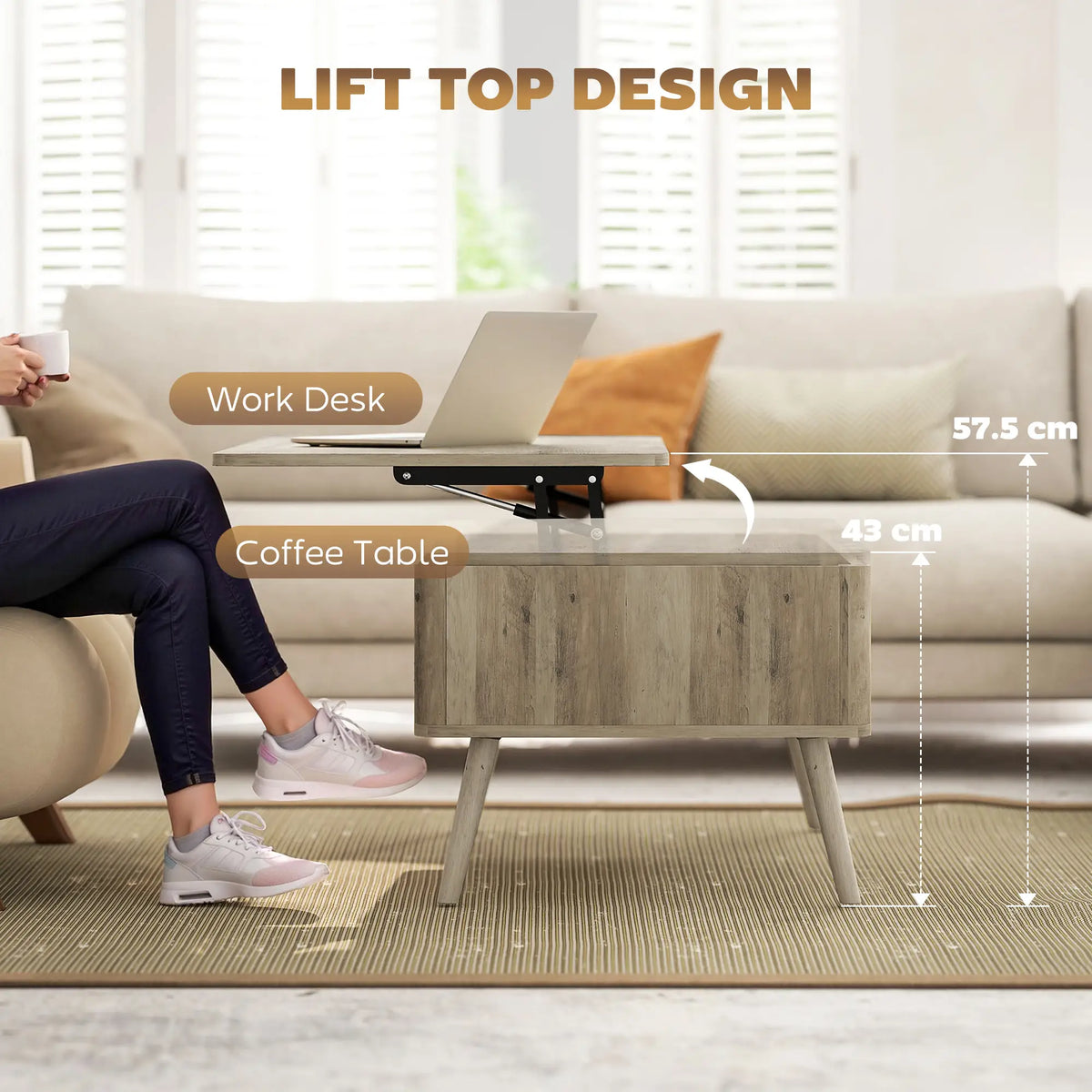 Lift Top Coffee Table with Storage, Hidden Compartments, Pine Wood Legs, Oak Coffee Tables at Gallery Canada