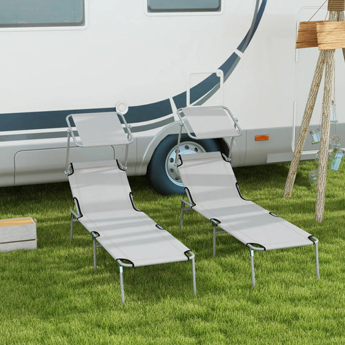 Outdoor Lounge Chair, Adjustable Folding Chaise With Sun Shade, Light Grey