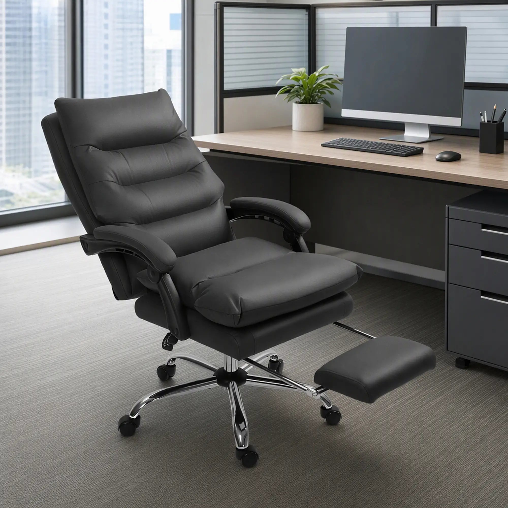 Executive Office Chair, 6 Point Massage and Heat, Microfibre Reclining with Footrest, Black Massage Chairs at Gallery Canada
