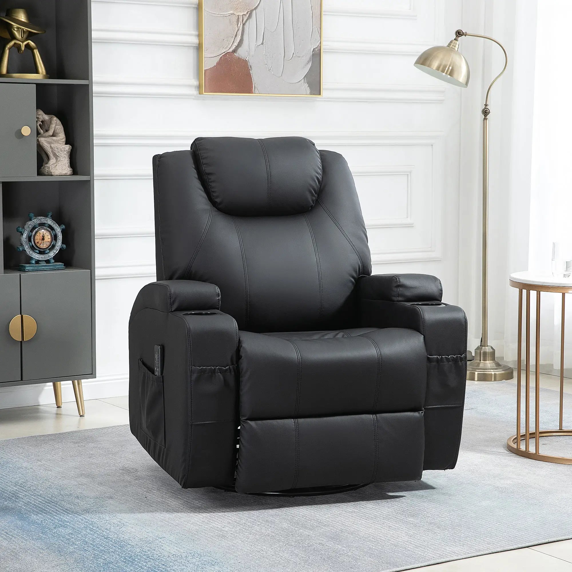 Massage Recliner Chair, 8 Vibration Points, PU Leather, 360° Swivel, Black Single Sofas at Gallery Canada