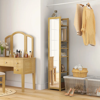 66" x 14" Standing Mirror, 6-Tier Shelf, Full Body Floor Mirror, Nature Wood Bathroom Cabinets at Gallery Canada