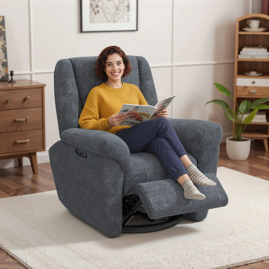 Power Recliner Chair, Fabric Upholstery, USB Ports, Swivel Rocking, Dark Grey Single Sofas Dark Grey at Gallery Canada
