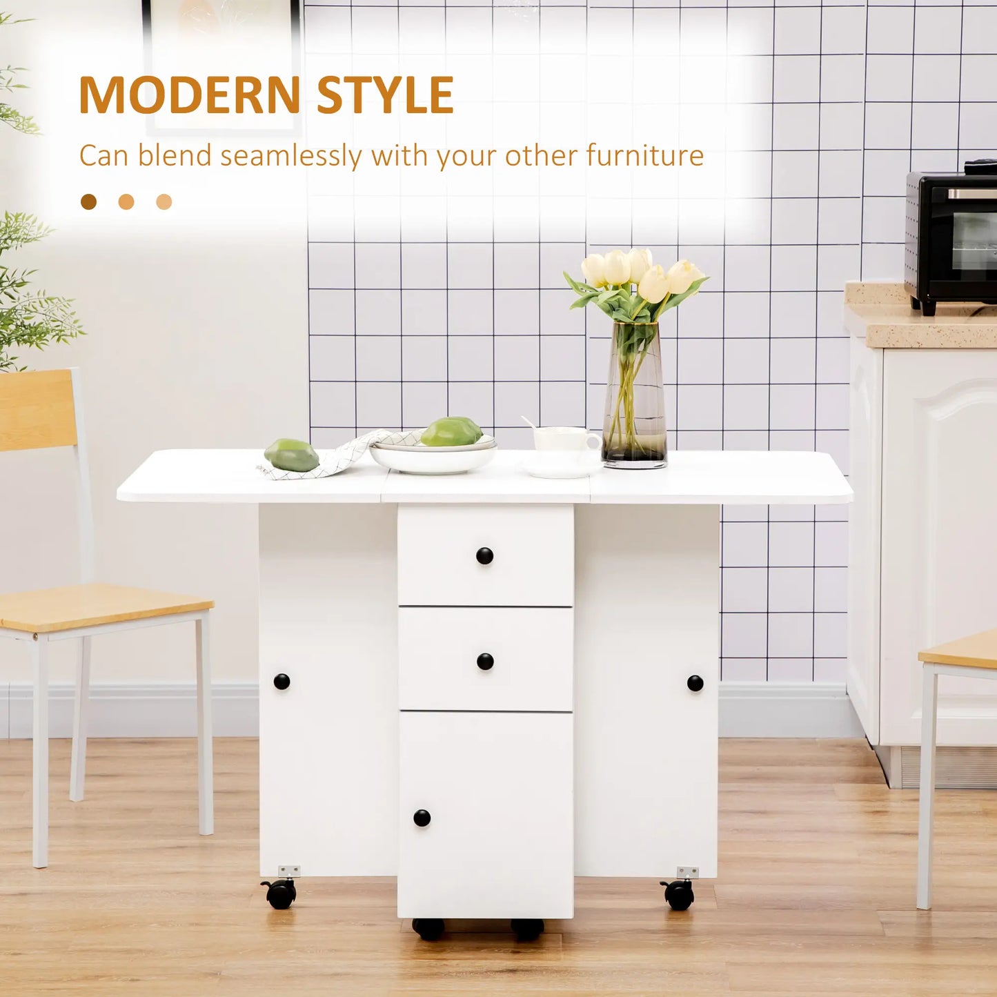 Foldable Dining Table, Rolling Kitchen Table with Storage, White Bar Tables & Dining Tables at Gallery Canada
