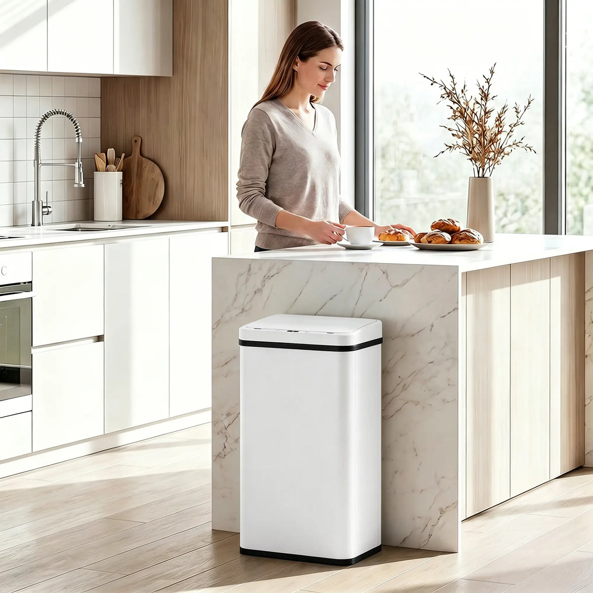 50 L Automatic Garbage Can, Soft-Close Lid, Stainless Steel, White Kitchen Trash Cans at Gallery Canada
