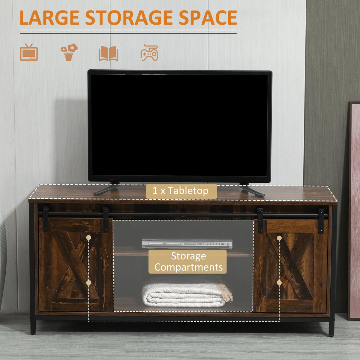Industrial TV Stand for 60" TVs, Storage Console, 2 Sliding Barn Doors, Brown TV Stands at Gallery Canada